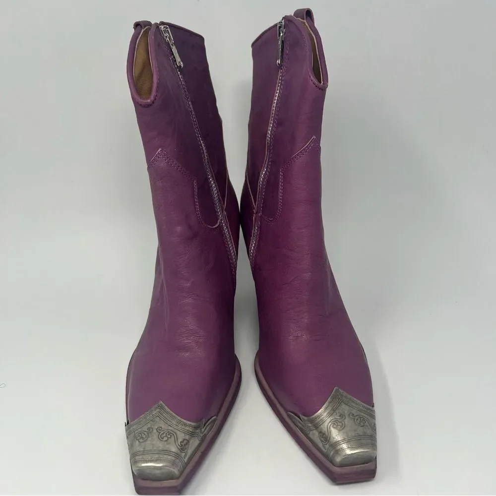 Free People Purple Suede Western Ankle Boots with Metal Toe Cap